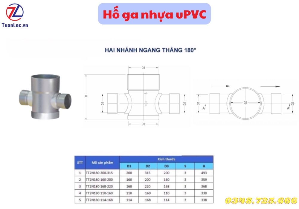 Hố ga nhựa uPVC 2 nhánh ngang 180 độ