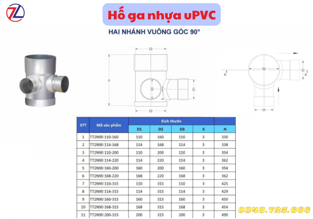 Hố ga nhựa uPVC 2 nhánh vuông góc 90 độ