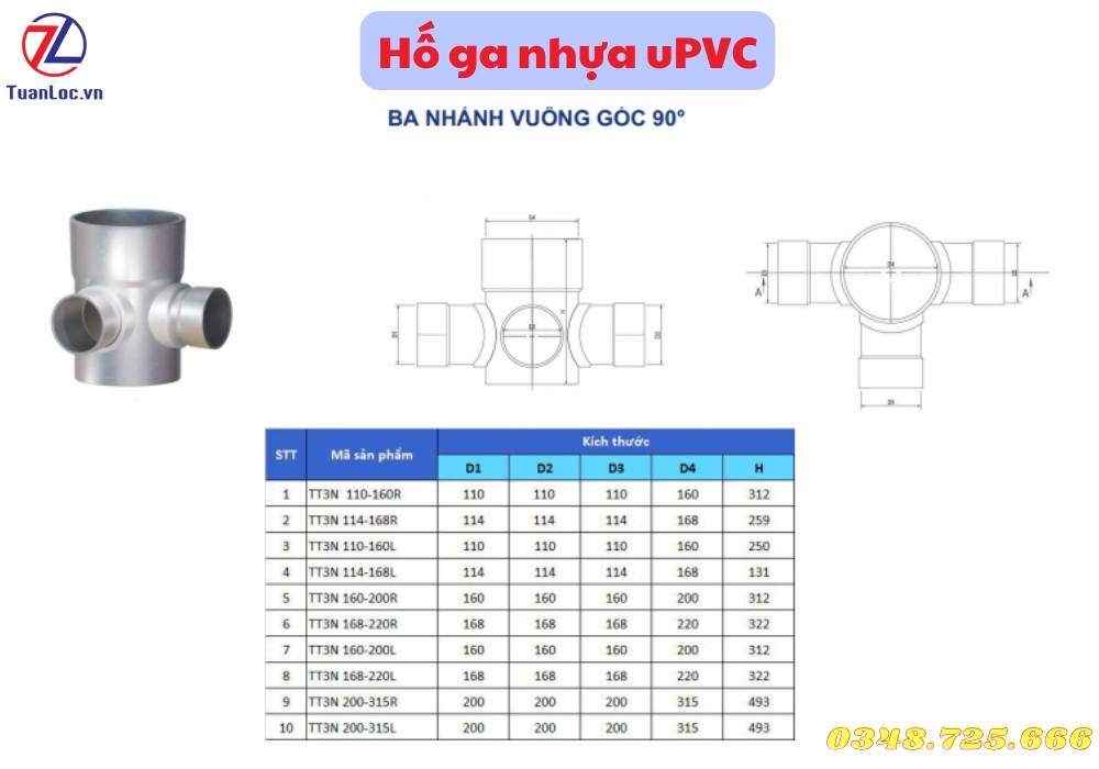 Hố ga nhựa uPVC 3 nhánh vuông góc 90 độ